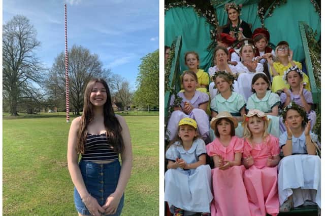 Left: Incoming May Queen, Kiera McGilley, aged 15. She is a student at Samuel Whitbread Academy, Shefford. Photo: Neeve McGilley.  
Right: 2018 May Queen, Fiona Sutherland, with her page boys and flowers. Photo: Nadine Grummitt.