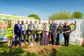 Central Bedfordshire Council's executive member for children's services and community safety, Cllr Steve Owen (left centre with shovel) and Dunton Junior head of school Maria Poultney (right of centre with a shovel) break ground at the school alongside representatives of the council, including ward councillors Adam Zerny (second from left) and Tracey Wye (second from right), plus representatives of the school, contractors SMD and consultants Bailey Garner