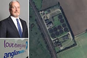 Right, Biggleswade Water Recycling Centre and left, Richard Fuller MP and an Anglian Water van
