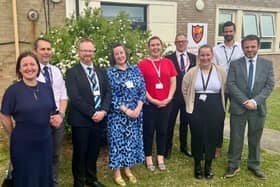 Celebrating the official opening of Stratton School's ACE. L-R: Amana Gordon, Andy Daly, Sam Farmer, Mary Abeyasekera, Amy Wright, Adam Zerny, Pearl Houghton, Iain Berry, Daniel Newbolt