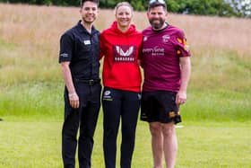 l-r Everyone Active's Sam Mason, Saracens star Sarah McKenna and Ampthill Girls Under-18