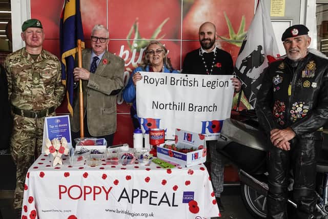 L to R: Yasmin Shackell from the Sainsburys team, Staff Sergeant Richie Little, Intelligence Corp Chicksands, Nigel Jarvis RBL Northill Branch Standard Bearer, Linda Smith
Northill and Old Warden Poppy Appeal Co-Ordinator, Levi Sparrow from Sainsburys and Andy Cowley RBL Northill Branch Secretary.