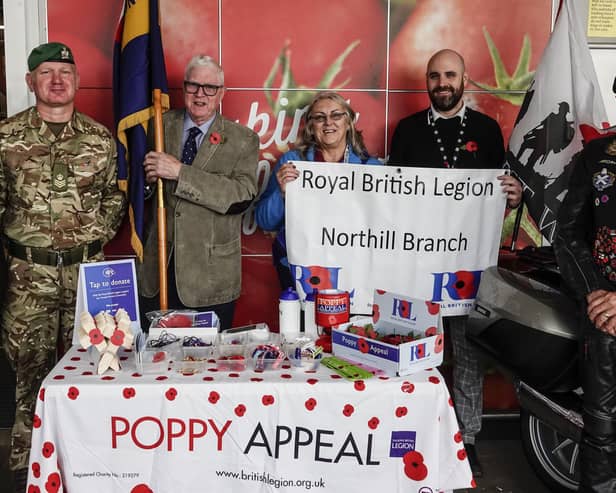 L to R: Yasmin Shackell from the Sainsburys team, Staff Sergeant Richie Little, Intelligence Corp Chicksands, Nigel Jarvis RBL Northill Branch Standard Bearer, Linda Smith
Northill and Old Warden Poppy Appeal Co-Ordinator, Levi Sparrow from Sainsburys and Andy Cowley RBL Northill Branch Secretary.