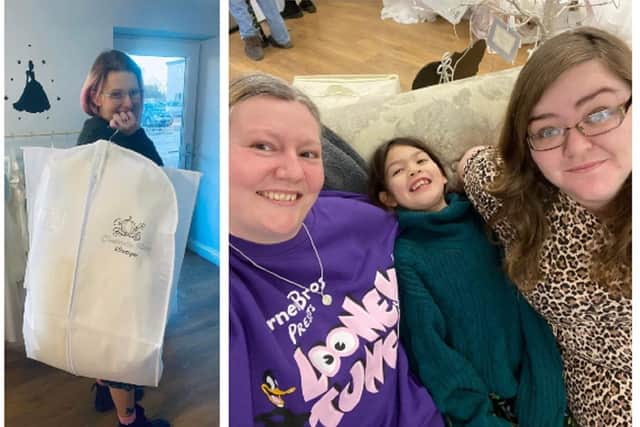 Kerry with her chosen dress from Cinderella Rose Boutique, Kempston, and right, Claire (in purple) and Sian with Kerry's daughter, Violet.