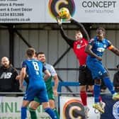 Biggleswade FC goalkeeper Tyler Josephs takes a catch during the draw with Walthamstow. Photo: Guy Wills Photography.