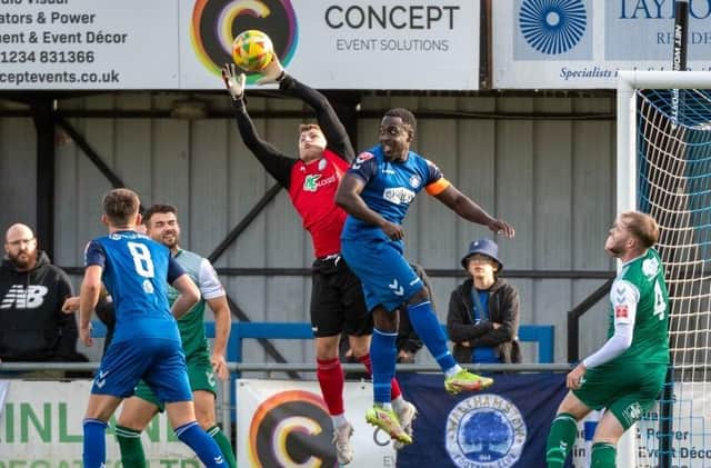 Biggleswade FC goalkeeper Tyler Josephs takes a catch during the draw with Walthamstow. Photo: Guy Wills Photography.