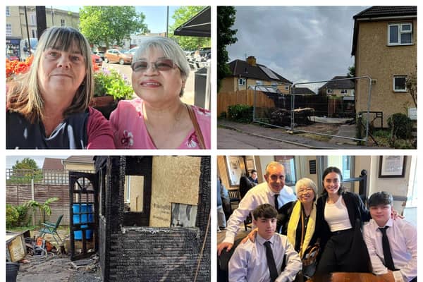 Gwen and Imelda, Imelda with her family, and the house after the fire. Images: The Miles family.