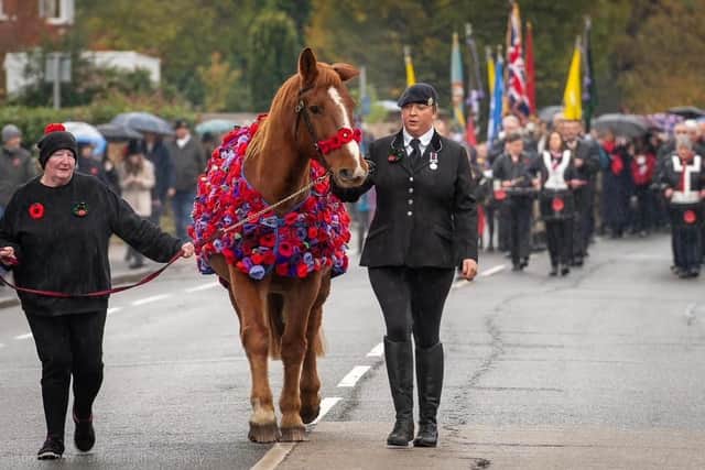Samantha Wenn and Chester pictured proudly leading the Remembrance Day parade in Sandy