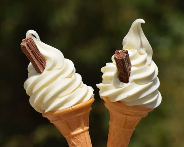 Two soft whipped ice cream cones with chocolate flakes