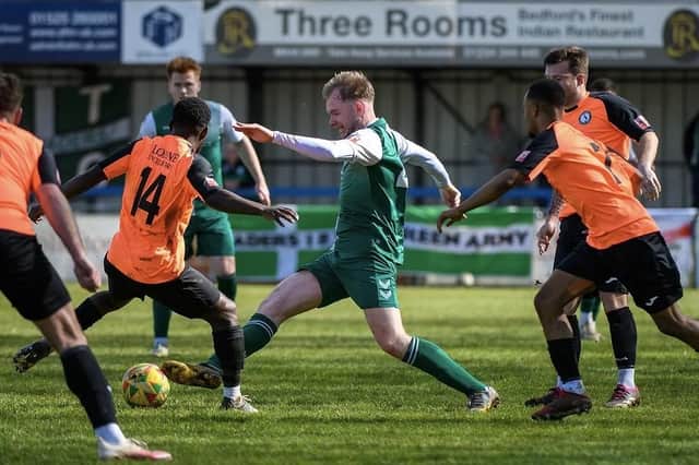 Action from Biggleswade FC v Biggleswade Town on Monday. Photo: Guy Wills Sports Photography.