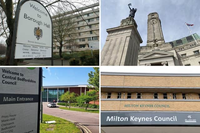 Clockwise from top left: Bedford Borough Council, Luton Town Hall, Milton Keynes Council and Central Bedfordshire Council
