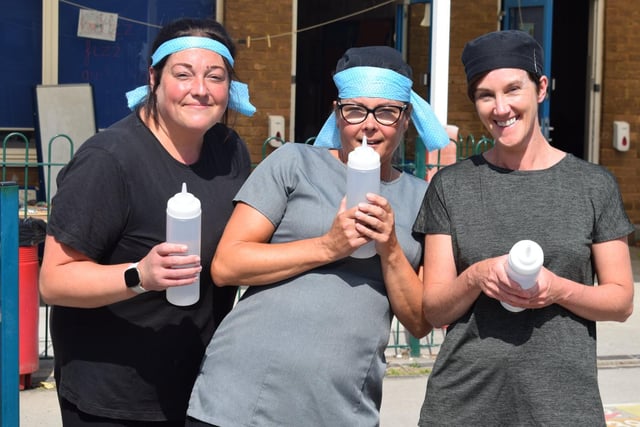 No water pistols, but the Gothic Mede kitchen team had other containers on hand to take part in the water fight.