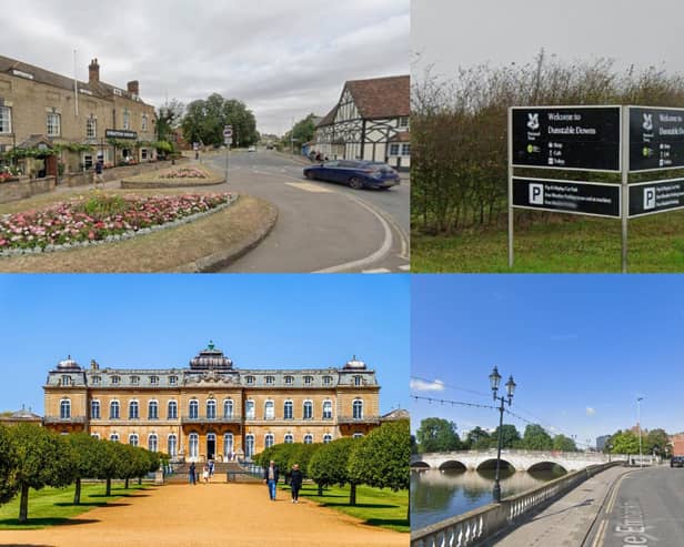 Clockwise from top left, Biggleswade, Dunstable Downs, Bedford and Wrest Park (Pictures: English Heritage/Google)