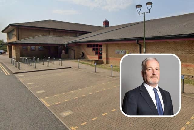 Saxon Pool and Leisure Centre in Biggleswade and inset, Richard Fuller MP