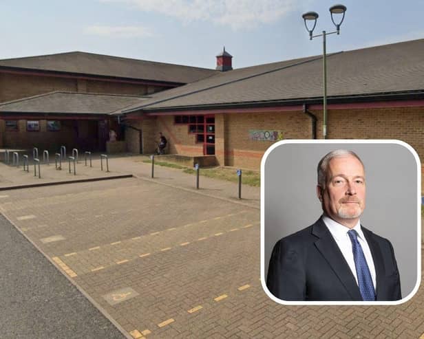 Saxon Pool and Leisure Centre in Biggleswade and inset, Richard Fuller MP