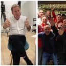 Left: Former player and football manager, Harry Redknapp, being filmed for the good luck video. Right: The Engineers Arms FC.