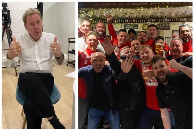 Left: Former player and football manager, Harry Redknapp, being filmed for the good luck video. Right: The Engineers Arms FC.