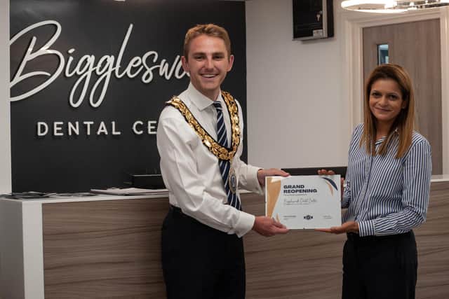 Mayor Councillor Grant Fage (left) attended the ceremony. Image: Biggleswade Dental Centre