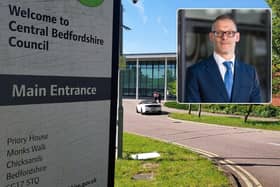 Central Bedfordshire Council headquarters - and inset CBC leader Cllr Adam Zerny. Images: CBC.