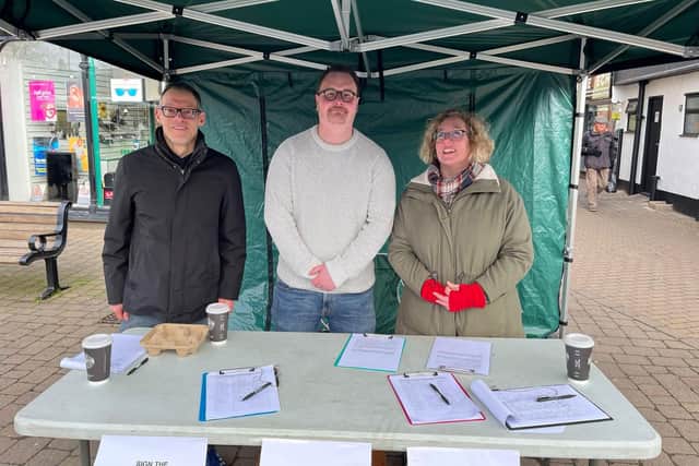 Councillors Zerny, Watkins and Whitaker at Biggleswade Market on Saturday (January 28). Cllr Zerny: "Hayley Whitaker and Steve Watkins are doing a fantastic job gathering signatures for this hugely important petition." Image: Cllr Watkins.