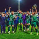 Biggleswade FC celebrate lifting the Bedfordshire Senior Cup. Pic: Guy Wills Sports Photography.