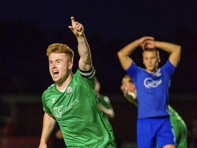 Lawrie Marsh celebrates scoring Biggleswade FC's winner on Monday. Photo: Guy Wills Sports Photography.