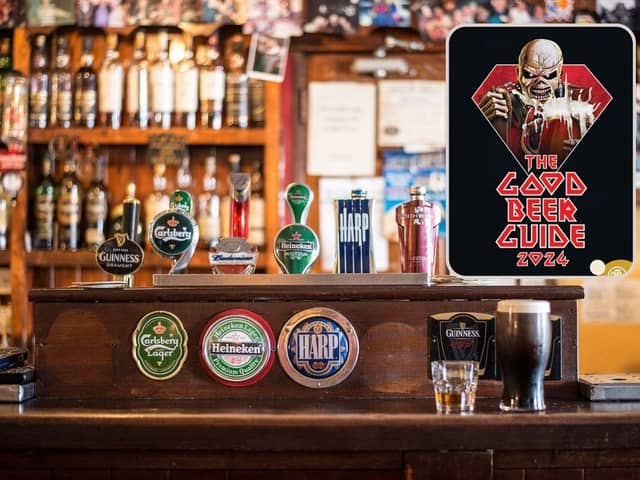 A bar in a pub and, inset, the front cover of the CAMRA Good Beer Guide 2024