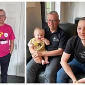 Mark Dilley (left) and, right, with his son Adam and grandson Alfie.  Image: Brain Tumour Research.