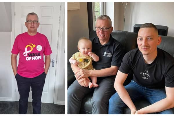 Mark Dilley (left) and, right, with his son Adam and grandson Alfie.  Image: Brain Tumour Research.