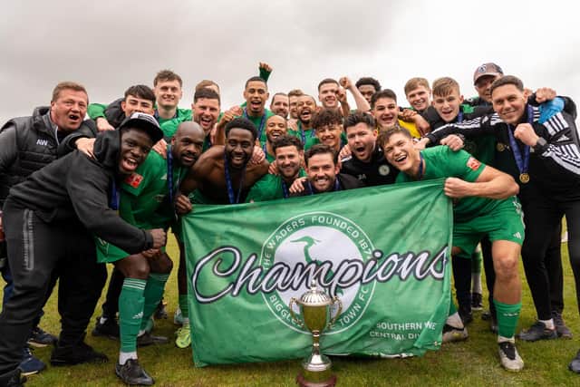 Biggleswade Town celebrate their title success. Photo: InFocus Moments.