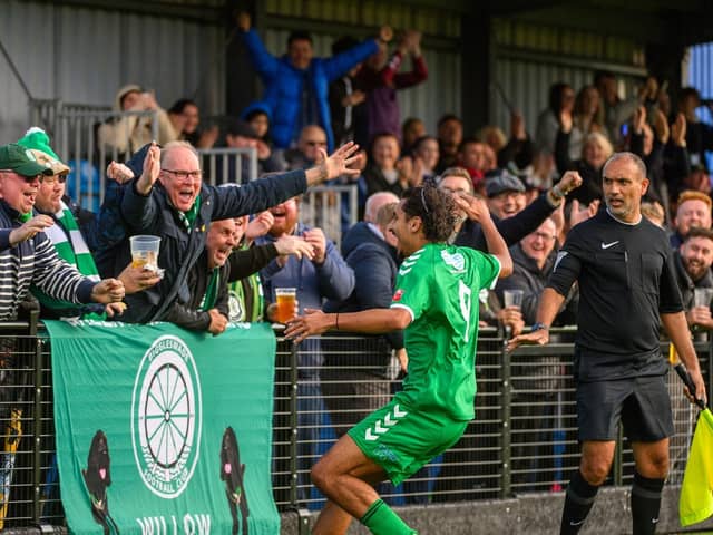 Amir Hadi celebrates his goal with supporters on Saturday. Photo: Guy Wills.