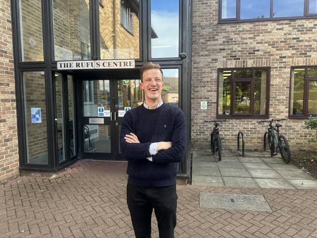 Alistair Strathern MP outside The Rufus Centre, Flitwick Photo: LDRS