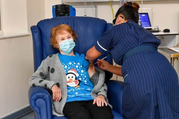 Margaret Keenan, 90, is the first patient in the United Kingdom to receive the Pfizer/BioNtech Covid-19 vaccine at University Hospital, Coventry (Photo: Jacob King - Pool / Getty Images)