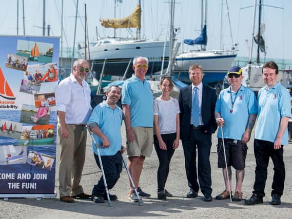 Left to right: David Carroll, Patrick Soulijaert and Adrian Cumberworth (Sussex Sailability), Hannah Clay (Sussex Community Foundation), Chris Tomlinson (Rampion Offshore Windfarm), Tony McCoy and Oliver Forsyth (also Sussex Sailability). Picture courtesy of Darren Cool
