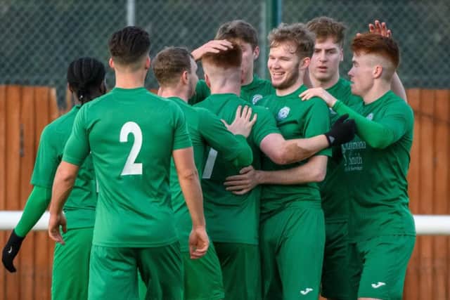 Biggleswade FC players celebrate. Picture: Guy Wills
