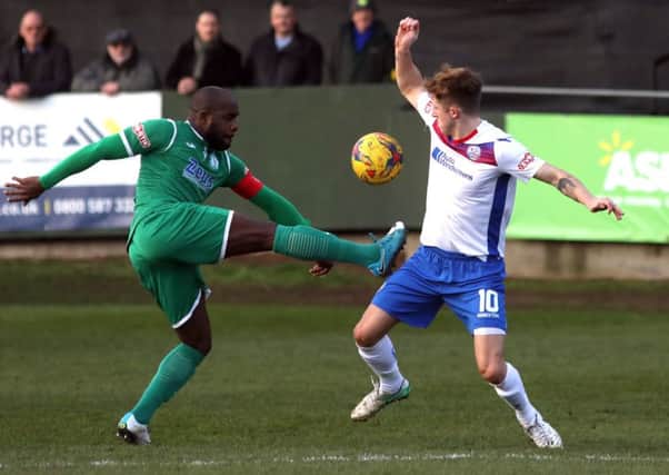 Biggleswade Town in recent action at AFC Rushden & Diamonds. Picture: Alison Bagley