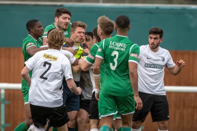 Sam Donkin of Biggleswade Town is sent off. Picture: Guy Wills PNL-190603-110909002