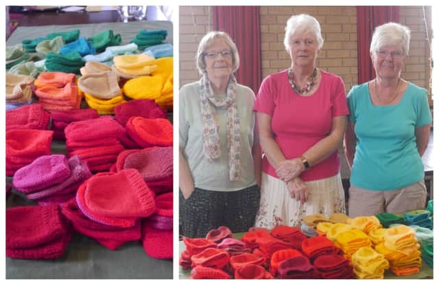 Biggleswade WI's knitted hats.