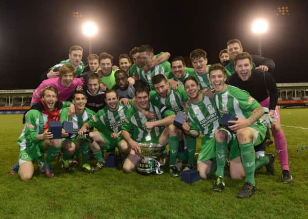 Biggleswade Town celebrate their Beds Senior Cup win on Wednesday night