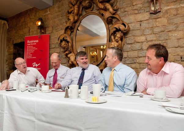 Business Beacon Breakfast at The Swan Hotel, Bedford. Pictured are, from left, North East Beds MP Alistair Burt, question time chairman Peter Mount of Woodfines, Bedford mayor Dave Hodgson, Bedford & Kempston MP Richard Fuller, breakfast organiser Ben von Broembsen.