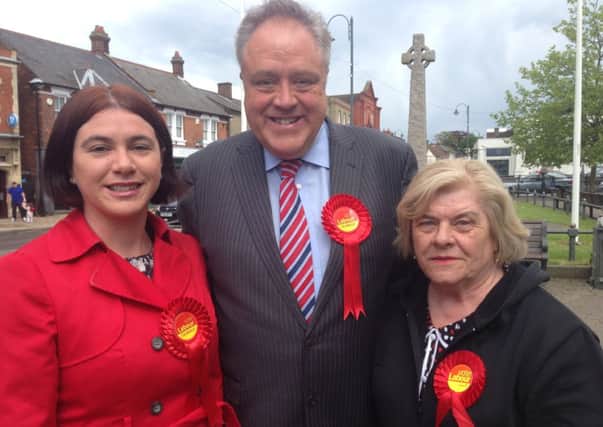 Richard Howitt MEP (centre), fellow Labour Euro Candidate Alex Mayer (L) and Sheila Grayson (R) chair of NE Beds Labour Party. PNL-141205-164402001