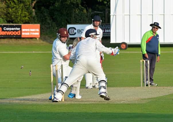 Bedfordshire batsman Dan Blacktopp is stumped against Hertfordshire