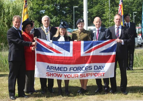 The Countess of Erroll with other dignitaries at the flag raising ceremony for Armed Forces Day at Chicksands.