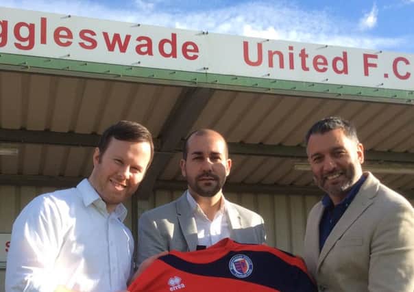 Biggleswade United manager Cristian Colas with chairman Chris Lewis and Director of Football Guillem Balague. PNL-151006-163622002