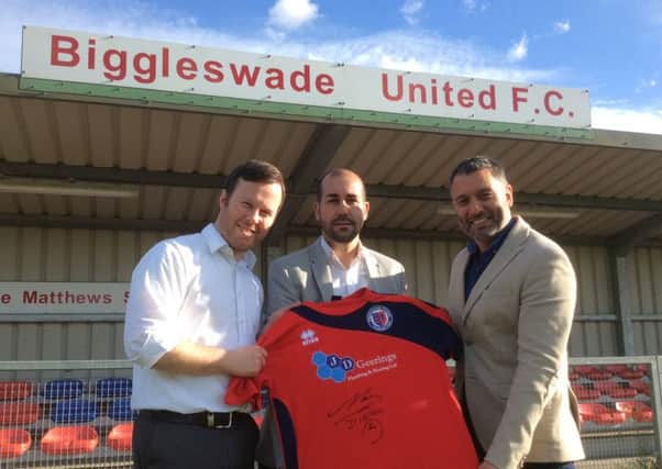 Biggleswade United manager Cristian Colas with chairman Chris Lewis and Director of Football Guillem Balague. PNL-151006-163622002