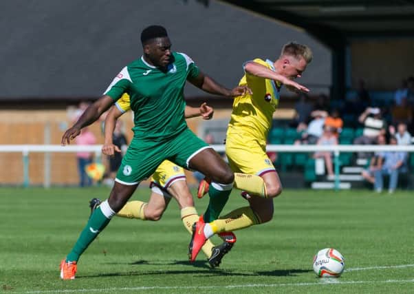 Inih Effiong for Biggleswade Town v Weymouth. Photo by Guy Wills.