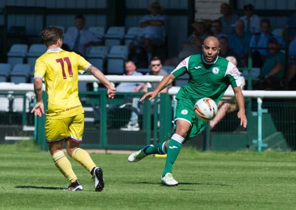 Callum Lewis of Biggleswade Town in action v Weymouth. Photo by Guy Wills.