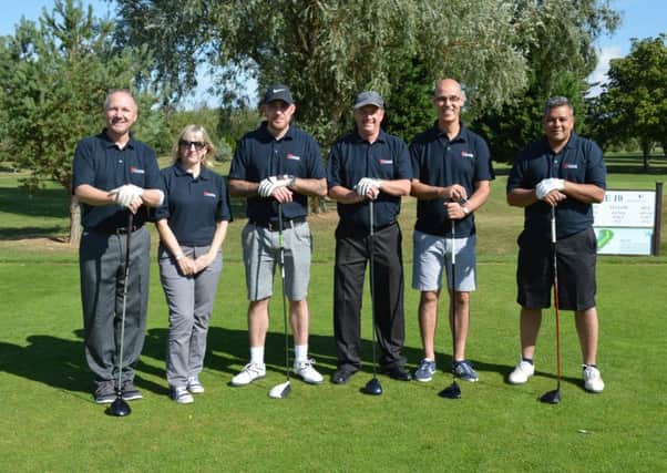 Kier Living Eastern staff at the golf day. L  R; Rob Crossland, Construction Manager, Debbie Dobbs, Production Controller , A-J ONeil, Senior Site Manager, Alan Gower, Customer Care Field Operative, Mark Smith, Construction Director and Steve Wood, Customer Care Co-ordinator