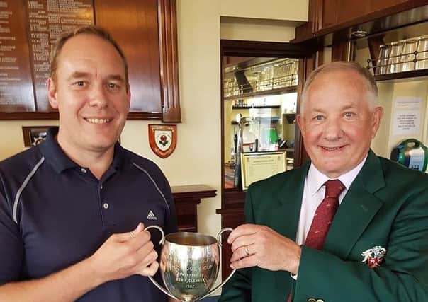 John O'Gaunt GC Bogey Trophy - Steve Pope, winner and Richard Aubigne, Captain. PNL-160921-153201002