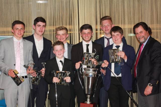 Beadlow Manor Junior Golf champions receiving the trophy and prizes at the gala reception. From left, Conner Penning, Will Murray, Ben Loveard, Lewis Vereecque, Luke  Charalambous, Jamie Gibbons, Jack Munson. PNL-170222-153110002